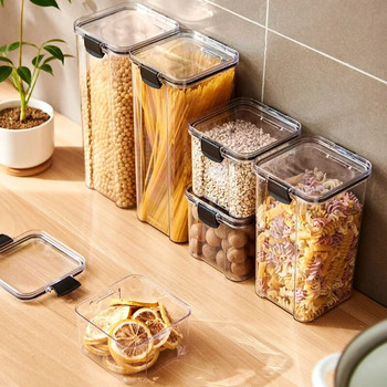 Кухненски контейнер за съхранение на храна Пластмасова кутия Буркани за насипни зърнени храни Кухненски органайзери за килер с капак Домашен органайзер Буркани