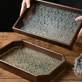 30*20 cm Japán stílusú dombornyomott üvegalap tárolótálca Konyha Étterem Asztali Dekoráció Natúr fa oldalkeretes tálaló tányér