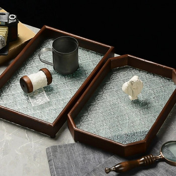 30*20 см релефна стъклена основа в японски стил Тава за съхранение Кухненски ресторант Декорация на плота Естествена дървена странична рамка Чиния за сервиране