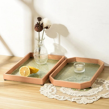 30*20 см релефна стъклена основа в японски стил Тава за съхранение Кухненски ресторант Декорация на плота Естествена дървена странична рамка Чиния за сервиране