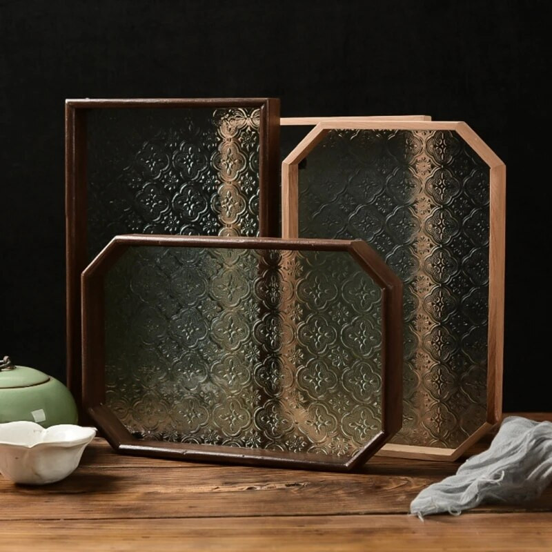 30*20 cm Japán stílusú dombornyomott üvegalap tárolótálca Konyha Étterem Asztali Dekoráció Natúr fa oldalkeretes tálaló tányér