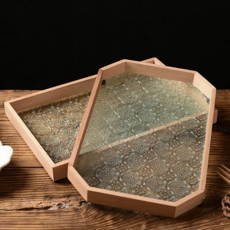 30*20 cm Japán stílusú dombornyomott üvegalap tárolótálca Konyha Étterem Asztali Dekoráció Natúr fa oldalkeretes tálaló tányér
