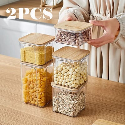 2PCS PET пластмасов контейнер за съхранение на храна с бамбуков капак Запечатан буркан Кутия за юфка Многозърнест резервоар Бутилка Кутия за съхранение на чай от сушени плодове