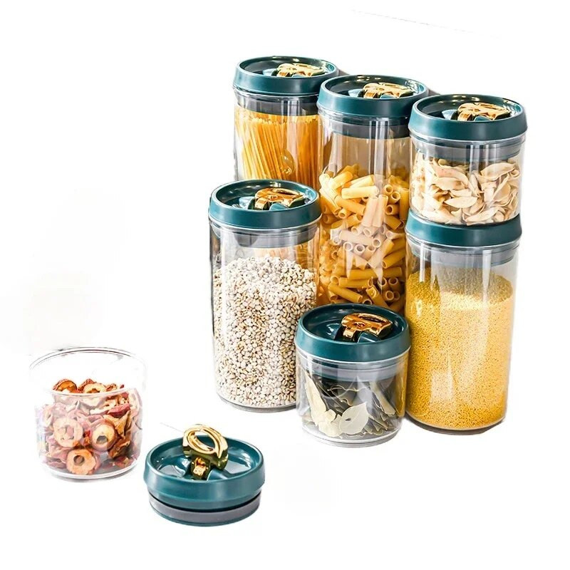 600ml-2000ml Ελαφρύ βάζο πολυτελείας Πλαστική δεξαμενή αποθήκευσης με δακτύλιο ανύψωσης σφραγισμένα κουτάκια σνακ Ζυμαρικά με κόκκους καφέ και μπισκότο μπαχαρικών Κουτί τροφίμων