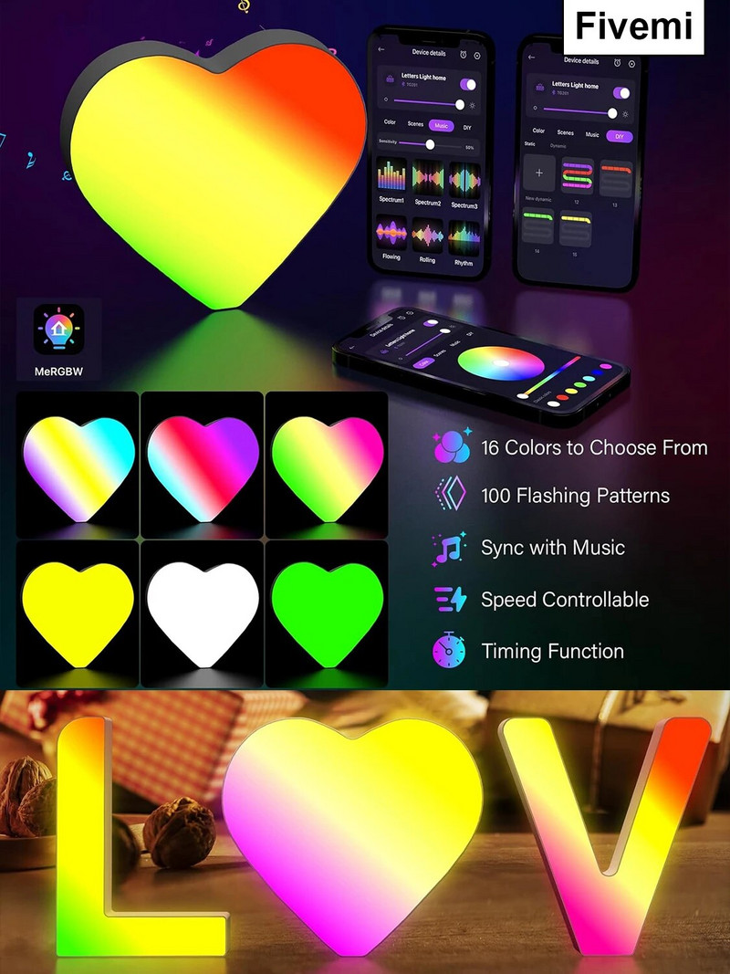 Rainbow Led Letter Lights Dekoráció ábécé Intelligens APP Összeillesztés Név Embléma Ajándékok Divatos cucc Szobadekor Betű Éjszakai fények (♥)