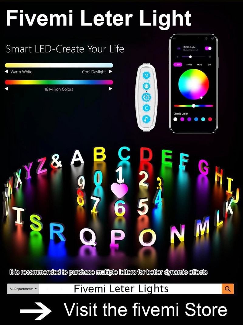 Rainbow Led Letter Lights Dekoráció ábécé Intelligens APP Összeillesztés Név Embléma Ajándékok Divatos cucc Szobadekor Betű Éjszakai fények (♥)