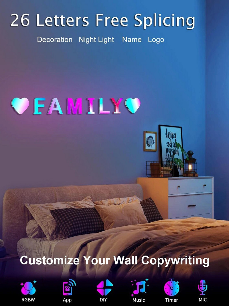 Rainbow Led Letter Lights Dekoráció ábécé Intelligens APP Összeillesztés Név Embléma Ajándékok Divatos cucc Szobadekor Betű Éjszakai fények (♥)