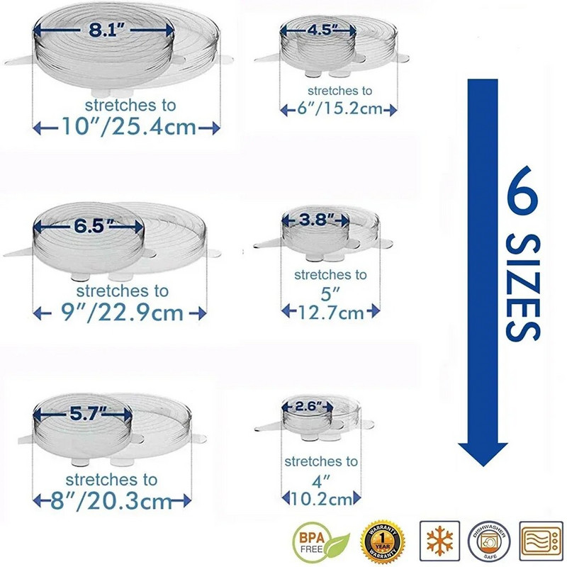 6PCS Silikonska navlaka Silikonski rastezljivi poklopac za hranu Rastezljivi poklopci za mikrovalnu pećnicu za univerzalno posuđe Kuhinjsko pohranjivanje za višekratnu upotrebu