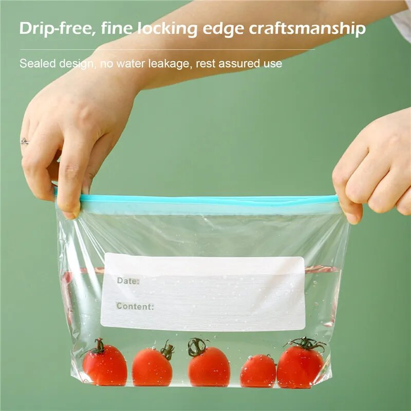 Buitiniai maisto produktai, vaisių grūdai, sandarūs plastikiniai pakavimo maišeliai, daugkartinio naudojimo šaldytuvo laikymo pakuotės ir konservavimo maišeliai