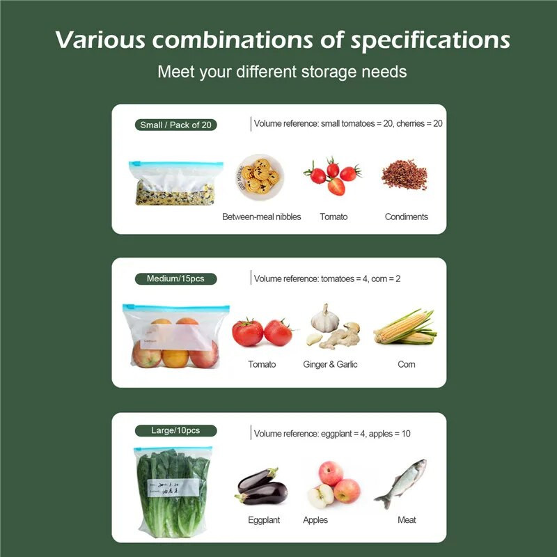 Apvyniokite plastikinius maišelius su užtrauktuku Daugkartinis šaldytuvas.