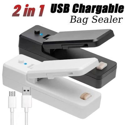 2 ÎN 1 USB încărcabil Mini sigilare pentru pungi Dispozitive de etanșare termică cu cuțit de tăiere Sigilant portabil reîncărcabil pentru depozitarea alimentelor pentru pungi de plastic