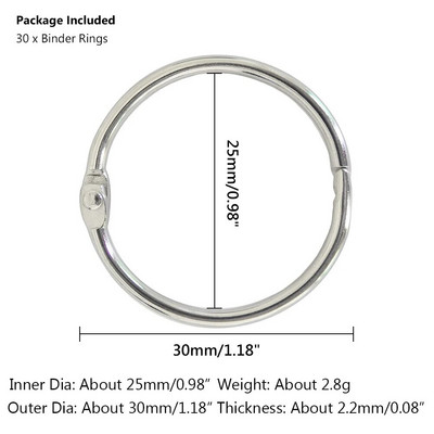 5-30 vnt., 20-88 mm sidabro metalo palaidų lapų knygų segtuvas, šarnyriniai žiedai, raktų pakabukas