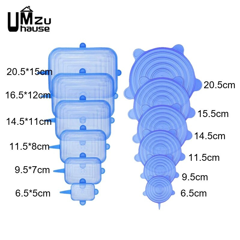 6 DB szilikon sztreccs fedeles tál csésze kerek, négyzet alakú univerzális fedél, újrafelhasználható mikrohullámú sütő konyhai hűtőszekrény ételtartó tömítés rendszerező