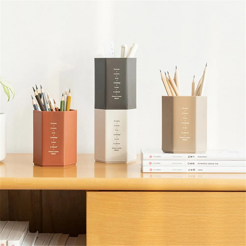 Kūrybiško šešiakampio dizaino rašiklio laikiklis Didelės talpos rašiklio pieštuko šepetėlis laikymo konteinerio dėžutė plastikinių raštinės reikmenų rašomasis stalas