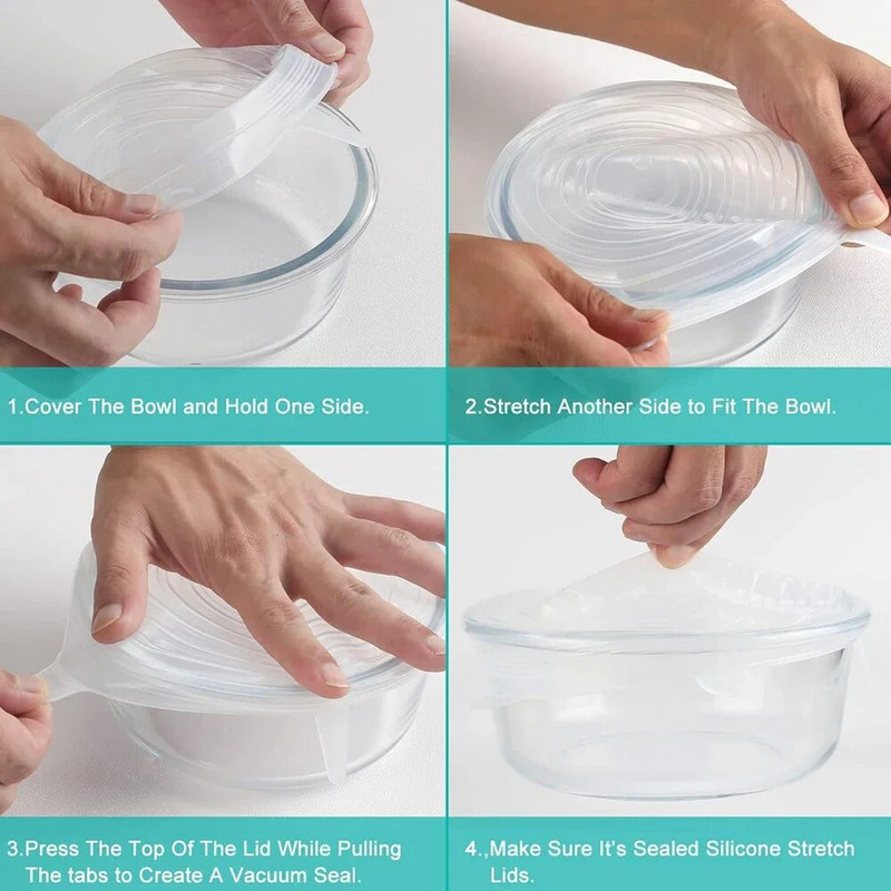 Daugkartinio naudojimo virtuvės reikmenų laikiklis Mikrobangų krosnelės dangtis Šviežiai laikomas sandarus maisto dangtelis Reguliuojamas elastingas silikoninis dangtelis Priedai Pradžia