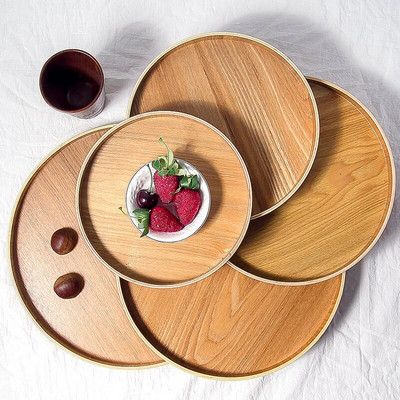 Japanese Style Wooden Tray Round Tea Tray Snack Dessert Food Drink Plate Dried Fruit Plates Home Kitchen Office Decorative Plate