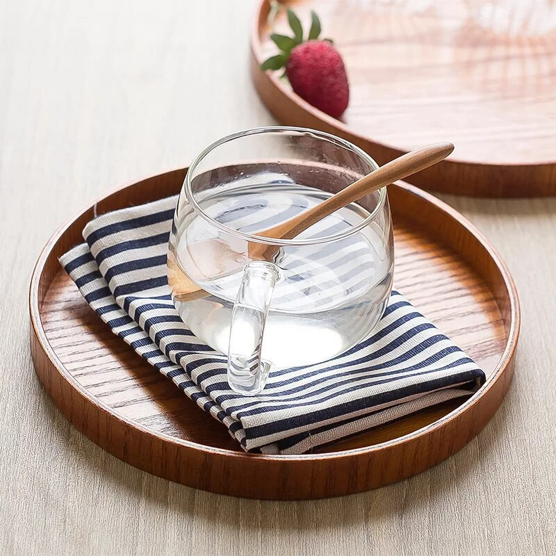 Japoniško stiliaus medinis padėklas Apvalus arbatos padėklas Užkandžiai Desertas Maisto gėrimų lėkštė džiovintų vaisių lėkštės Namų virtuvė Biuras Dekoratyvinė lėkštė