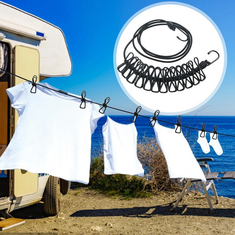 12 klipų drabužių linija, atspari vėjui, drabužių virvė, džiovinimo lentynėlė, pakabinama audeklų linija lauke, stovyklavimas Kelionių drabužių linija skalbimo virvė