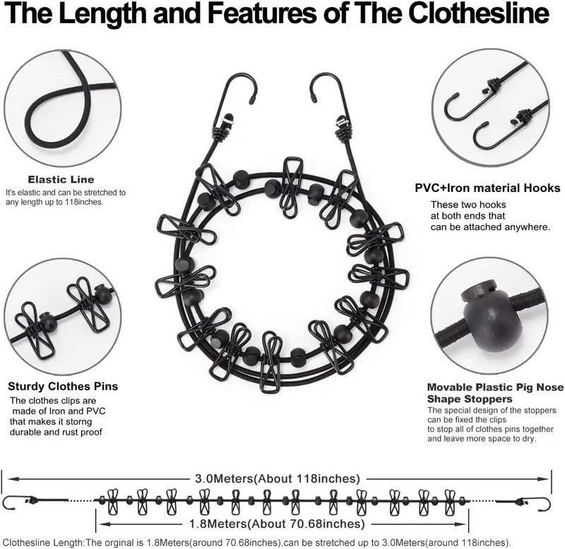 Drabužių džiovinimo kabyklos virvė Ištraukiama nešiojama rūbų virvelė Drabužių linija su 12 spaustukų skalbinių džiovinimo linijai stovyklavimui