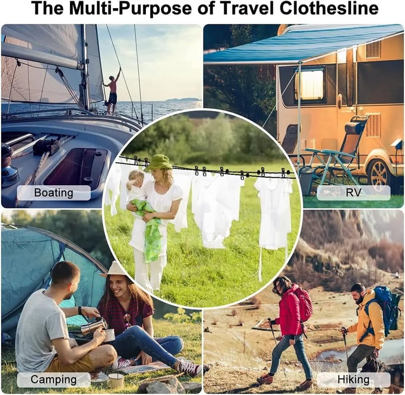 Drabužių džiovinimo kabyklos virvė Ištraukiama nešiojama rūbų virvelė Drabužių linija su 12 spaustukų skalbinių džiovinimo linijai stovyklavimui