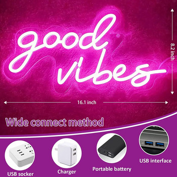Good Vibes Μόνο φωτεινή επιγραφή Ροζ νέον LED νυχτερινά φώτα Goodvibes φωτεινή πινακίδα νέον Διακόσμηση τοίχου για κορίτσια Μακιγιάζ Διακόσμηση δωματίου Γαμήλιο πάρτι