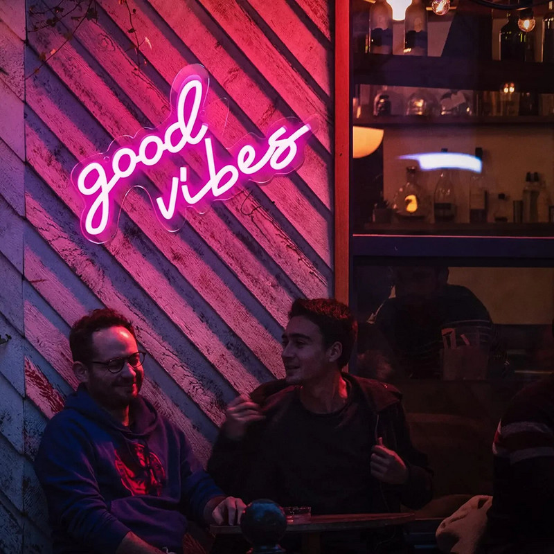 „Good Vibes“ Tik Neoniniai ženklai Rožinė Neoninė LED naktiniai šviestuvai „Goodvibes“ Neoniniai ženkleliai Sienų dekoras Mergaičių makiažo kambario dekoras Vestuvių vakarėlis
