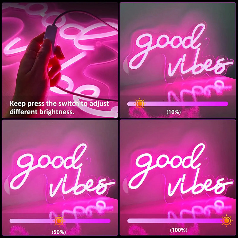 „Good Vibes“ Tik Neoniniai ženklai Rožinė Neoninė LED naktiniai šviestuvai „Goodvibes“ Neoniniai ženkleliai Sienų dekoras Mergaičių makiažo kambario dekoras Vestuvių vakarėlis