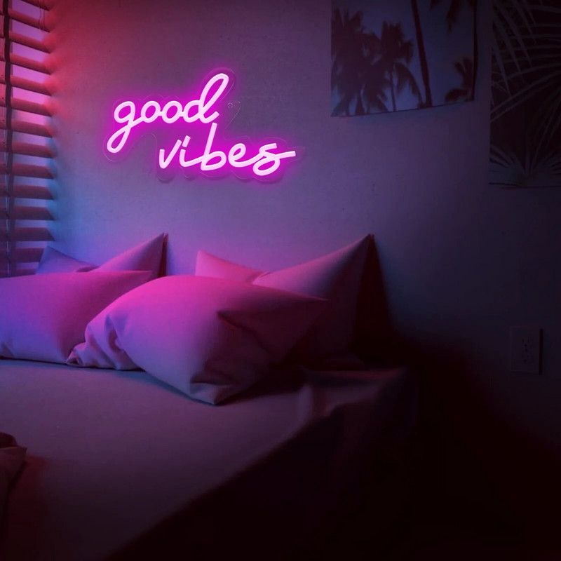 „Good Vibes“ Tik Neoniniai ženklai Rožinė Neoninė LED naktiniai šviestuvai „Goodvibes“ Neoniniai ženkleliai Sienų dekoras Mergaičių makiažo kambario dekoras Vestuvių vakarėlis