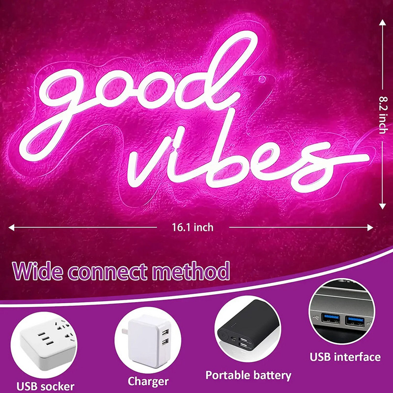 „Good Vibes“ Tik Neoniniai ženklai Rožinė Neoninė LED naktiniai šviestuvai „Goodvibes“ Neoniniai ženkleliai Sienų dekoras Mergaičių makiažo kambario dekoras Vestuvių vakarėlis