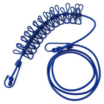 Ново преносимо въже за дрехи на открито Разтегливо ветроустойчиво къмпинг Гъвкаво въже за пране с 12 щипки Метални куки