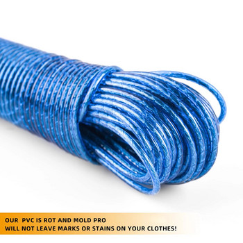 Въже за дрехи от 65 фута Външно въже за дрехи от тежка стомана със синьо PVC покритие Въже за дрехи за пътуване Проводници за външно сушене на пране