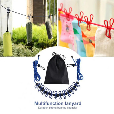 Clothesline Rope Hordozható többfunkciós, elasztikus ruhakötél szett kampós kapcsokkal Gyöngyök kültéri kempingezéshez Erős szorítás