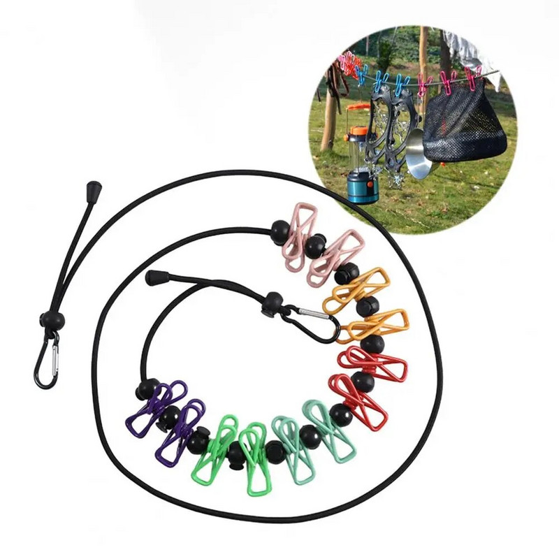Nešiojamas daugiafunkcinis elastingas drabužių virvelių rinkinys su kabliukais, spaustukais, karoliukai stovyklavimui lauke Tvirtas suspaudimas