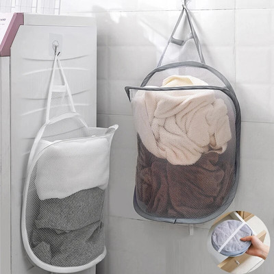 Foldable Hanging Laundry Basket Wall Mounted Net Storage Bag Portable Dirty Clothes Mesh Basket Closet Organizer Laundry Hamper