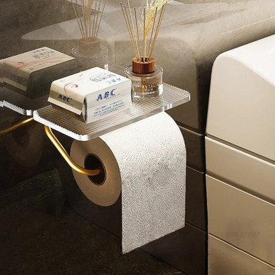 Luxus arany WC-papír tartó polccal, lyukasztás nélkül akril tekercspapír tartó Selyemkendő akasztó fürdőszobai kiegészítők
