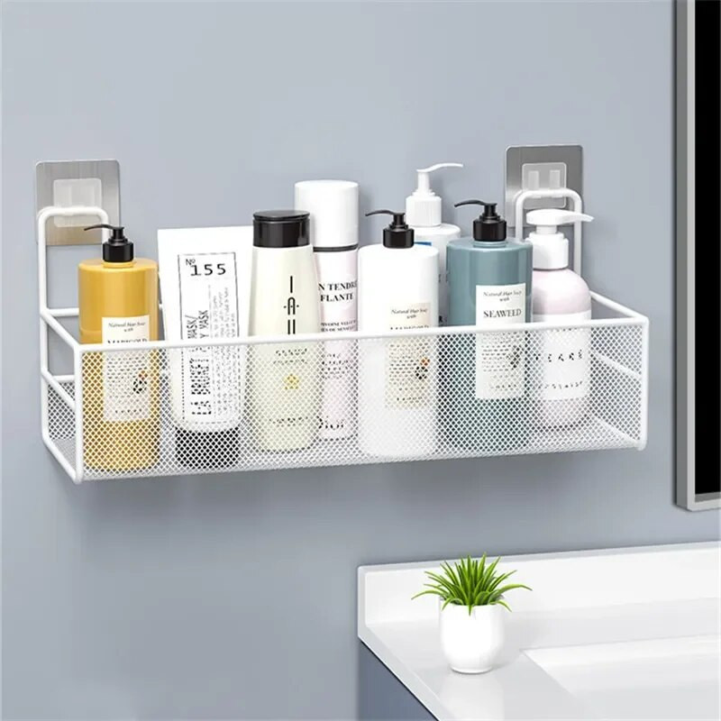 Falra szerelhető fürdőszobai polc zuhany sampon állvány WC-kiegészítők konyhai ütésmentes ételízesítő tároló kosár fürdőszobaszervező