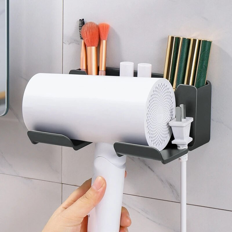 Επιτοίχια θήκη για πιστολάκι μαλλιών με καλάθι αποθήκευσης Αδιάβροχο πιστολάκι μαλλιών Oragnizer Rack Μπάνιο φυσητήρα μαλλιών Οργανωμένο ράφι