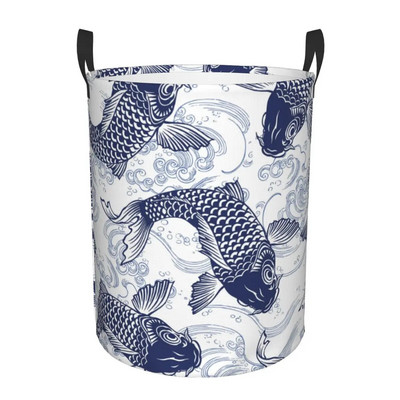 Сгъваема кошница за пране Синя риба Шаран Koi Wave Pattern Мръсни дрехи Играчки Кофа за съхранение Гардероб Органайзер за дрехи Кошница