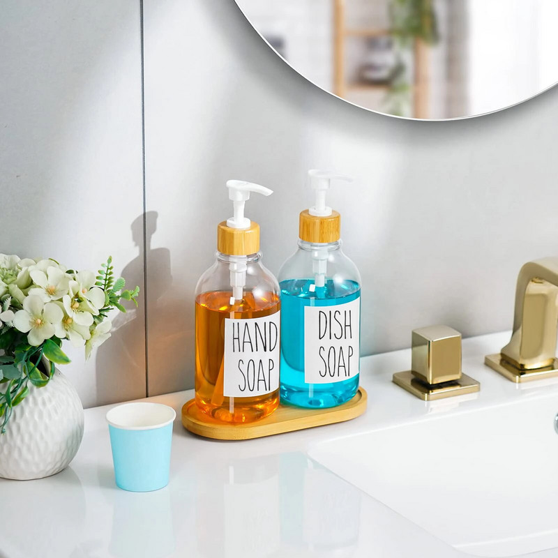 Прозрачен дозатор за сапун за съдове за кухненска мивка Контейнер за бутилка с бамбукова помпа Дозатор за сапун за ръце Бутилка за съхранение на лосион 500 ml