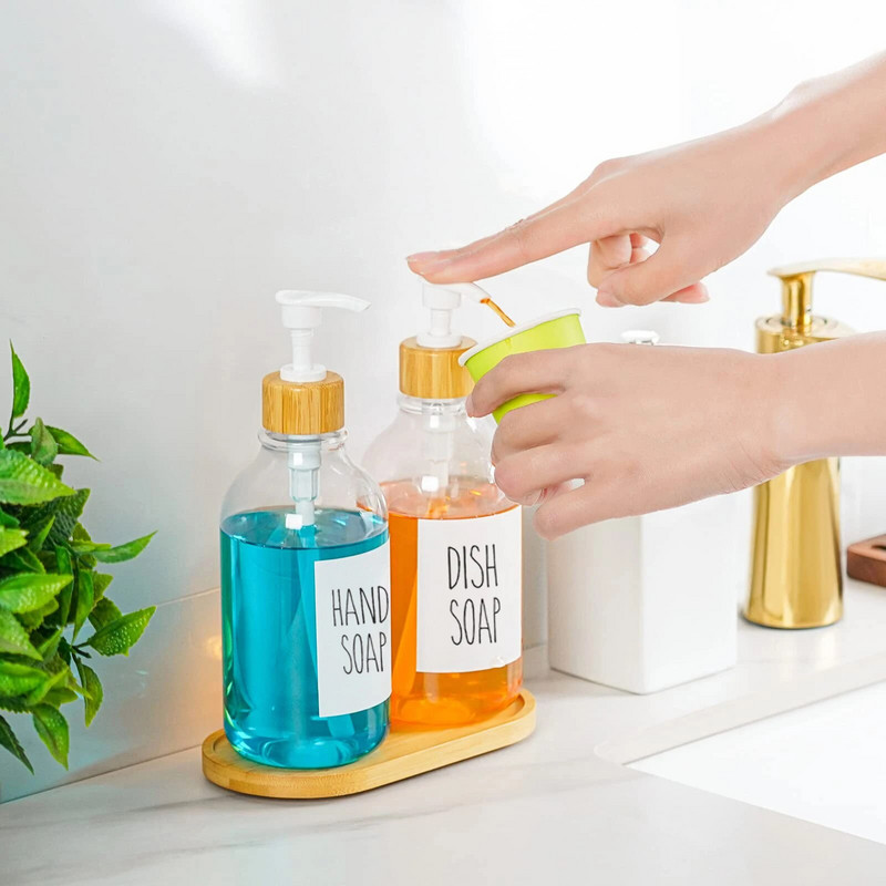 Прозрачен дозатор за сапун за съдове за кухненска мивка Контейнер за бутилка с бамбукова помпа Дозатор за сапун за ръце Бутилка за съхранение на лосион 500 ml