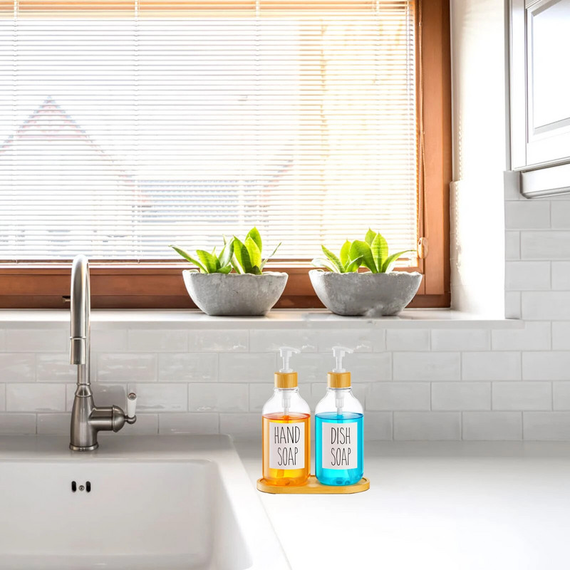 Прозрачен дозатор за сапун за съдове за кухненска мивка Контейнер за бутилка с бамбукова помпа Дозатор за сапун за ръце Бутилка за съхранение на лосион 500 ml