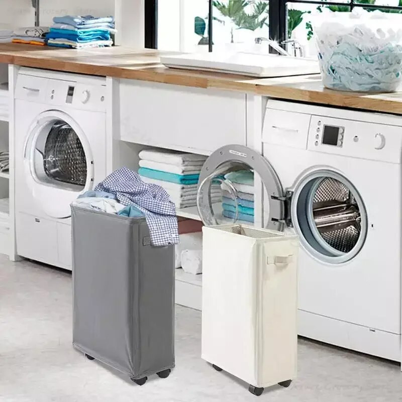 Susukamas skalbinių krepšelis, didelis plonas, sulankstomas, ant ratų, 42 l nešvarių drabužių laikymo dėžė Laisvai pastatoma aukšta sulankstoma skalbimo dėžė