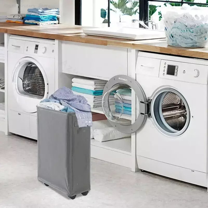 Susukamas skalbinių krepšelis, didelis plonas, sulankstomas, ant ratų, 42 l nešvarių drabužių laikymo dėžė Laisvai pastatoma aukšta sulankstoma skalbimo dėžė