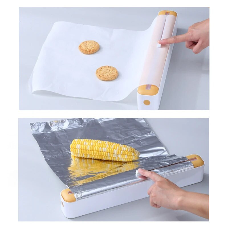 2in1 ABS apvyniojimo dozatorius lipnios plėvelės dozatorius plastiko įvyniojimo dozatorius aliuminio folijos pergamentinio popieriaus purkštukas virtuvės įrankis