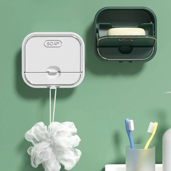 Пластмасова сапунерка с капак Монтирана на стена Кутия за сапун Punchfree Дренажен контейнер Поставка за сапун Рафт за съхранение на аксесоари за баня