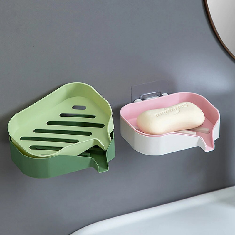 Dvisluoksnis muilo laikiklis prie sienos tvirtinama muilo dėžutės lentynėlė be perforavimo muilo dėžutė Kūrybinė nusausinimo laikymo lentyna Buitinė kontrastinga spalva