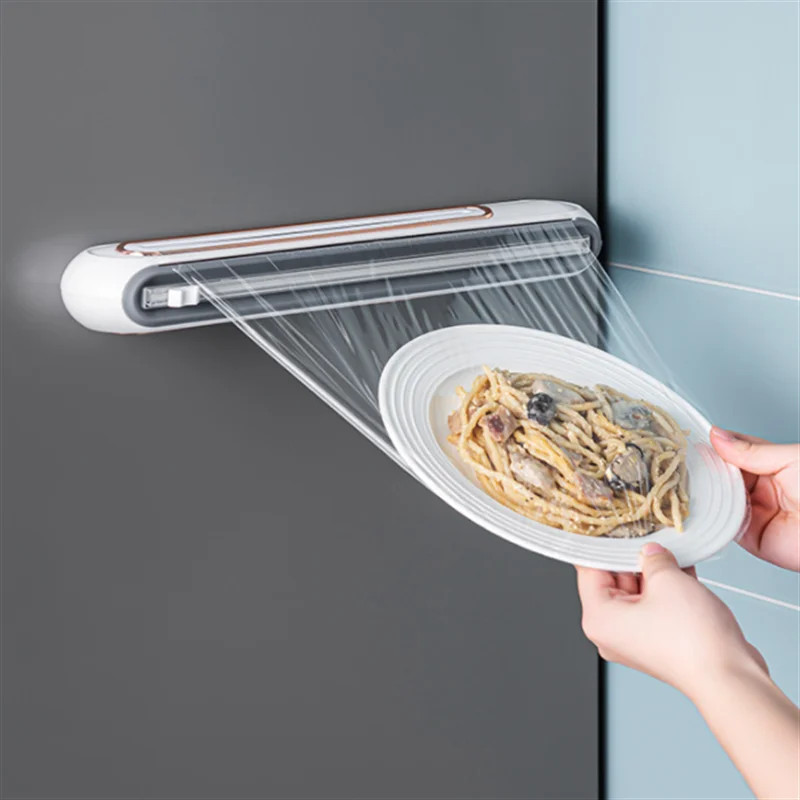 Νέο κουτί κοπής πλαστικού περιτυλίγματος Επιτοίχιο μαγνητικό βεντούζα με ρυθμιζόμενο κόφτη πλαστικού περιτυλίγματος Αποθήκευση τροφίμων κουζίνας οικιακής χρήσης