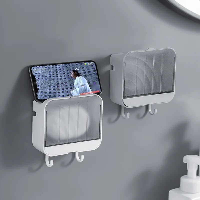 Falra szerelhető lefolyó szappantartó tartó Fürdőszoba Vízálló nyitott fedelű Szappantartó edénytartó doboz Utazásszervező tok kampókkal