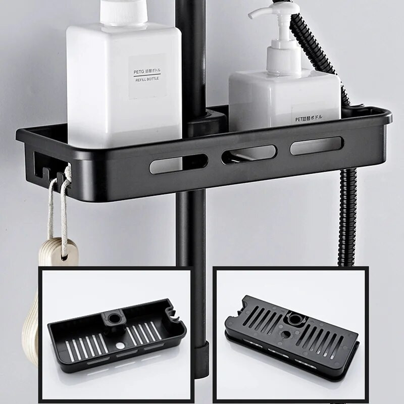 Organizator de suport de depozitare pentru duș pentru baie, fără găurire, tijă de ridicare, suport pentru cap de duș, gel de duș, suport pentru tavă pentru șampon, rafturi pentru stâlp