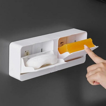Дренажна кутия за сапун с капак Двуклетъчна кутия за сапун Монтирана на стена Покрита поставка за сапун без дупки Удобна кутия за сапун за студентско общежитие
